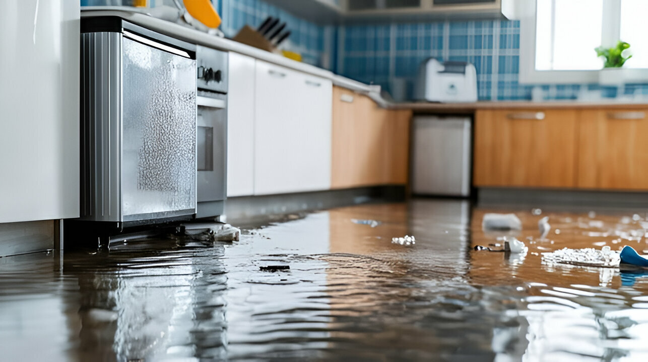 Flooded kitchen floor with standing water after appliance leak requiring water damage cleanup